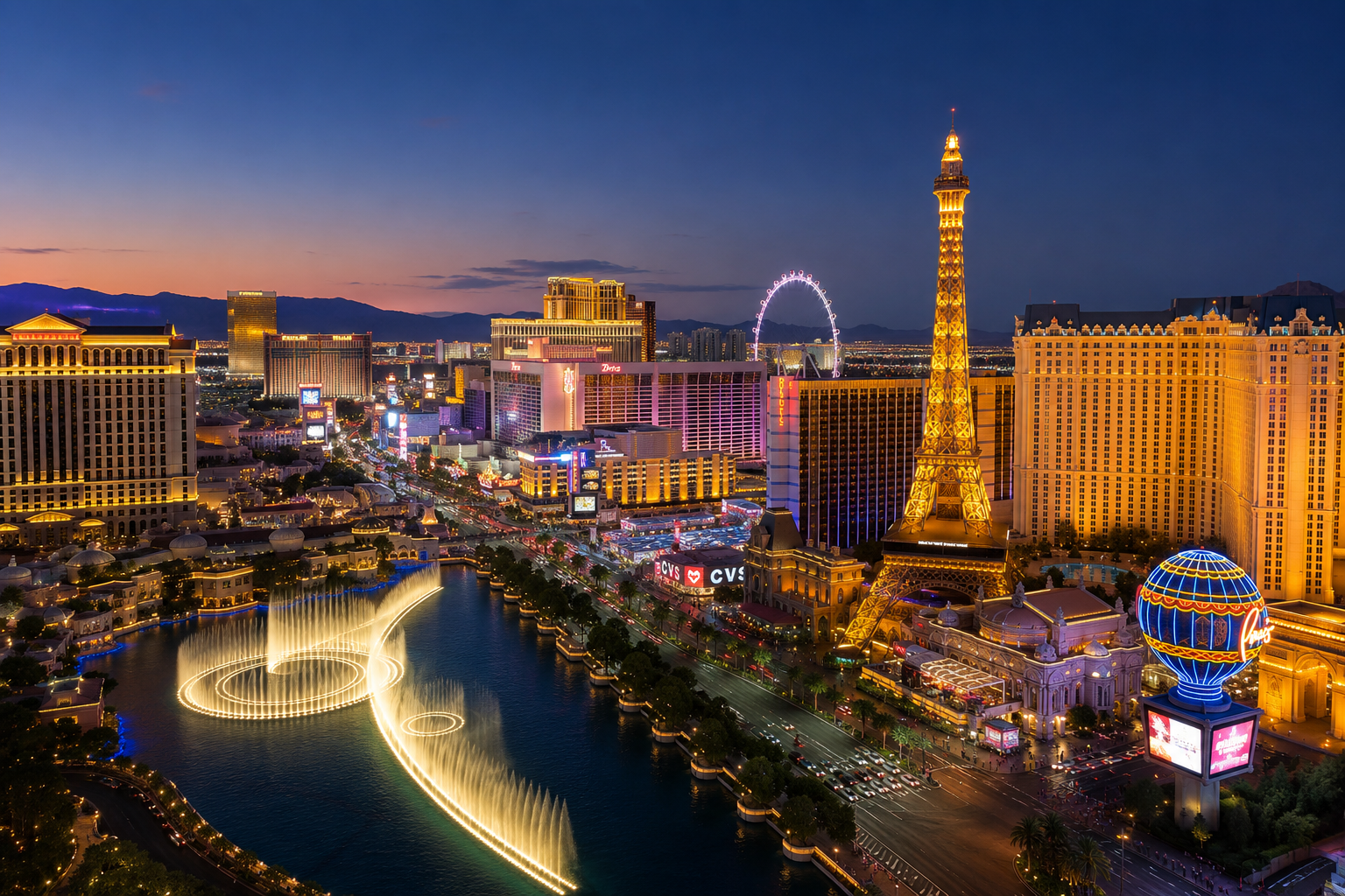 Las Vegas skyline at dusk with the Bellagio fountains and Strip lights