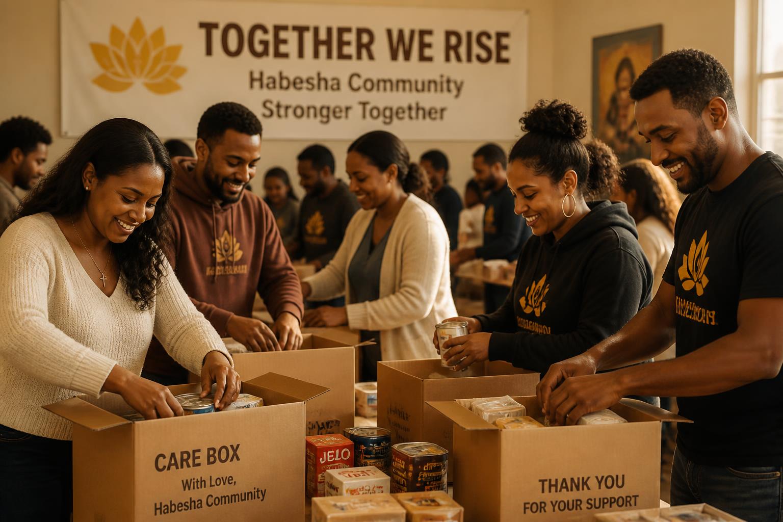 Habesha community volunteers packing care boxes together